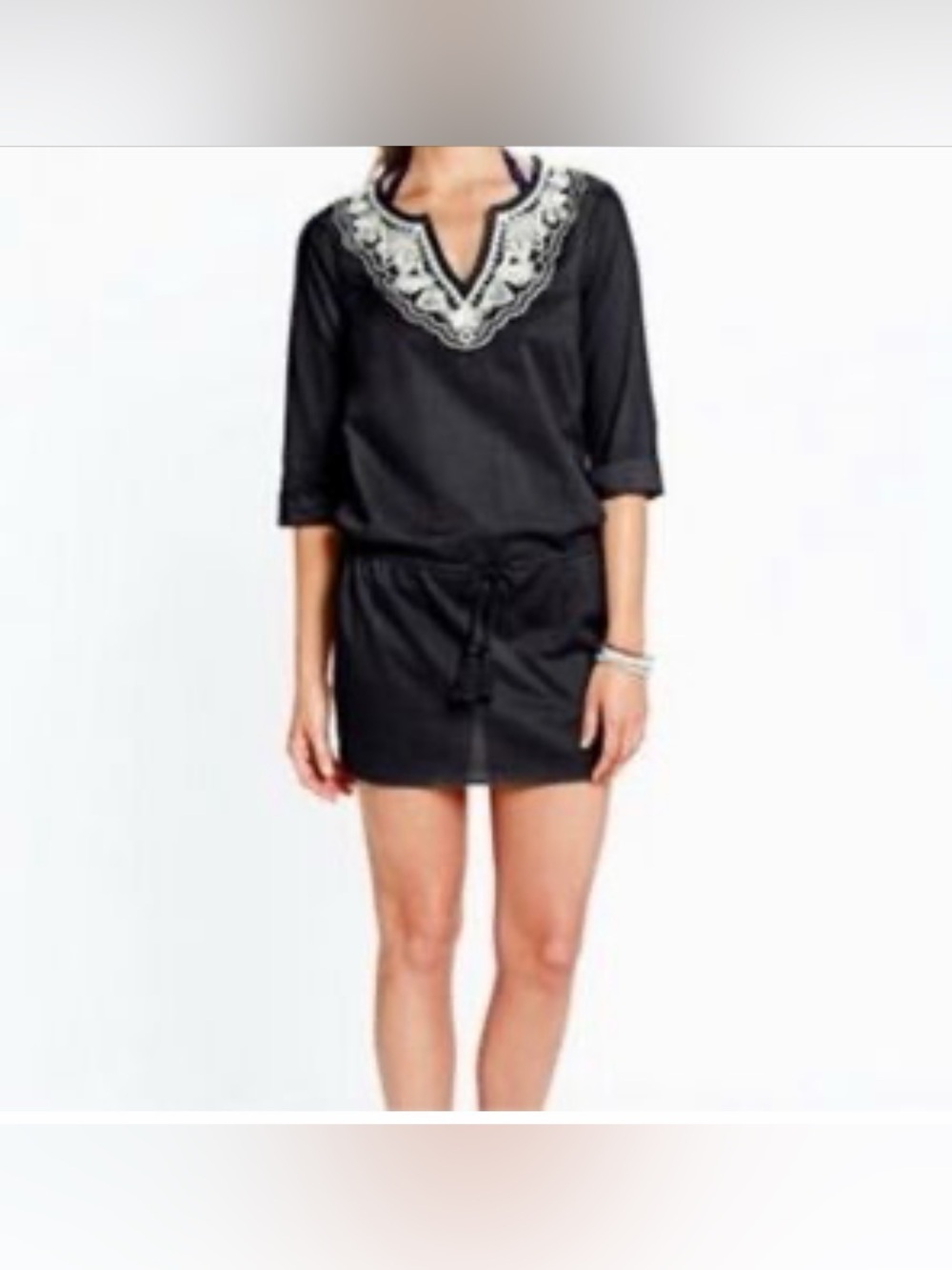 Lands' End Black Boho V-Neck Tunic Coverup with White Embroidery Size XS
